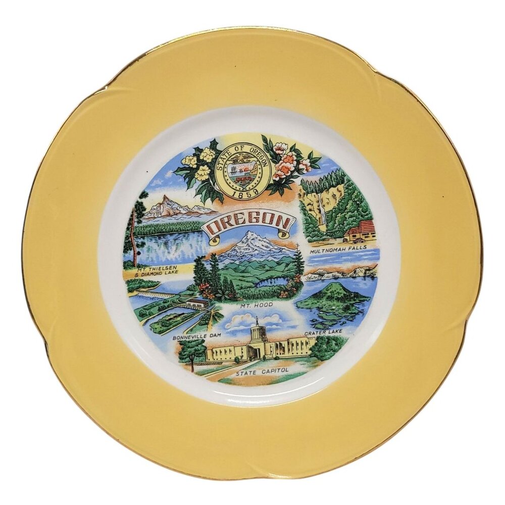 Vintage Oregon Souvenir Plate With Scenic Landmarks & Yellow Border